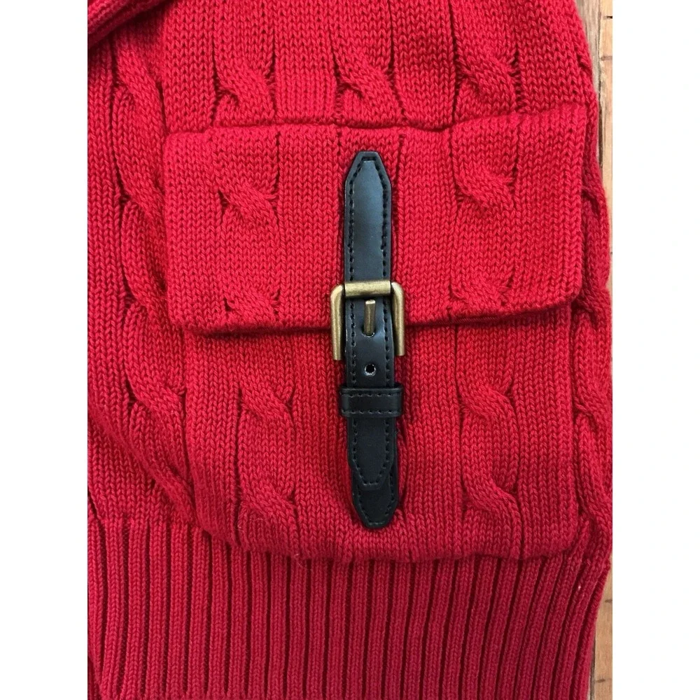 Lauren Ralph Lauren Sweater Womens L Red Cable Full Zip Brass Buckles Pockets